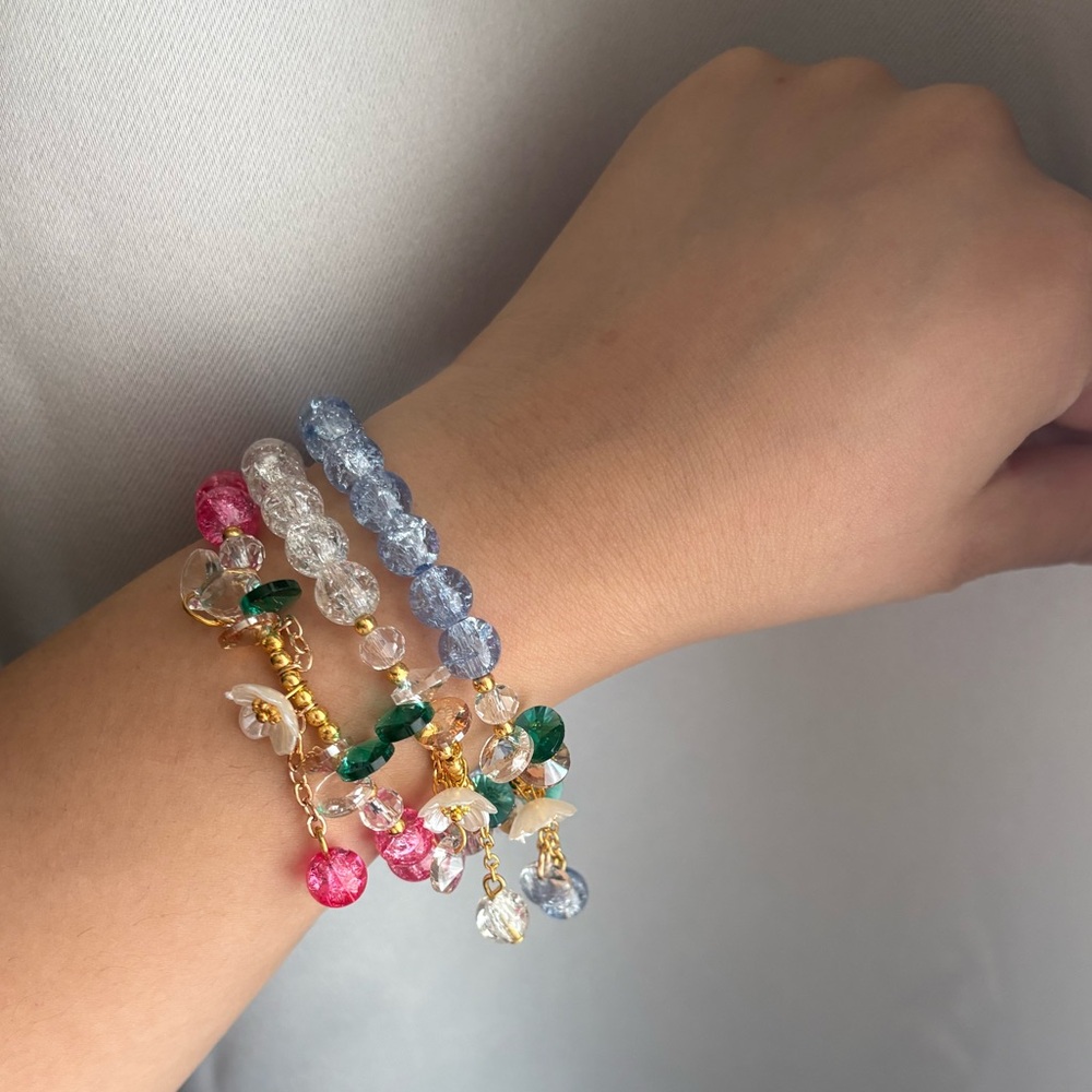 3 Floral Crystal Drop Glass Bead Bracelets - Picture 2 of 4